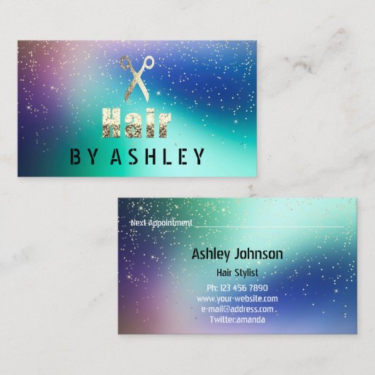 Hair Stylist Salon Navy Gold Confetti Benoeming Visitekaartje (Voorkant / Achterkant)