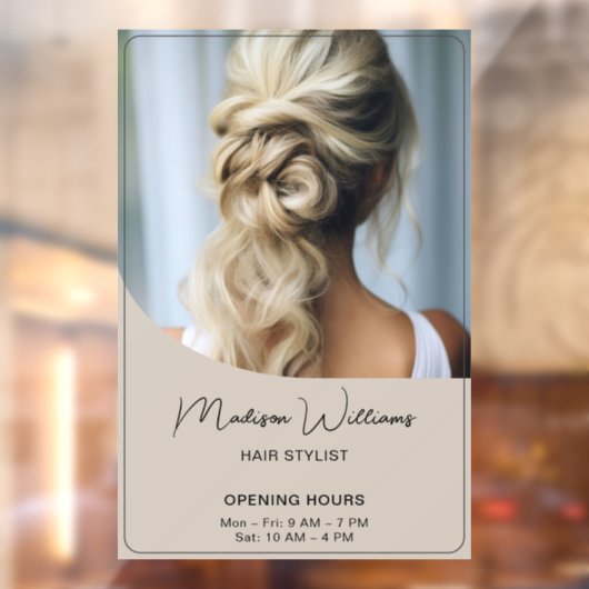 Hair Stylist Salon Opening Hours Beige Raamsticker (Vel 2)