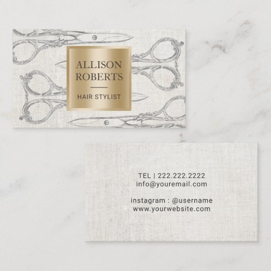 Hair Stylist Salon  Scissors Elegant Linen Visitekaartje (Voorkant / Achterkant)