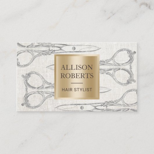 Hair Stylist Salon Scissors Elegant Linen Visitekaartje (Voorkant)