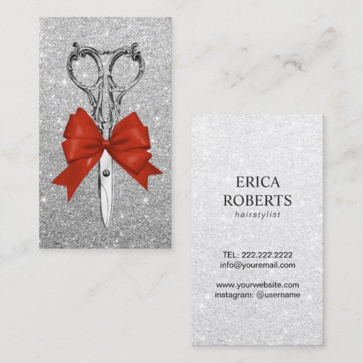 Hair Stylist Scissor & Bow Modern Silver Salon Visitekaartje (Voorkant / Achterkant)