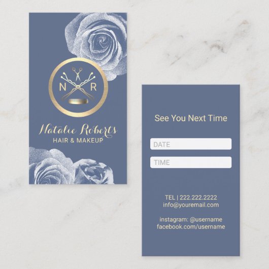 Hair Stylist Scissor Comb Blue Floral Appointment Afsprakenkaartje (Voorkant / Achterkant)