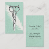 Hair Stylist Scissor & Feather Classy Linen Modern Visitekaartje (Voorkant / Achterkant)