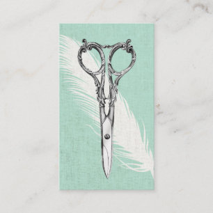 Hair Stylist Scissor & Feather Classy Linen Modern Visitekaartje