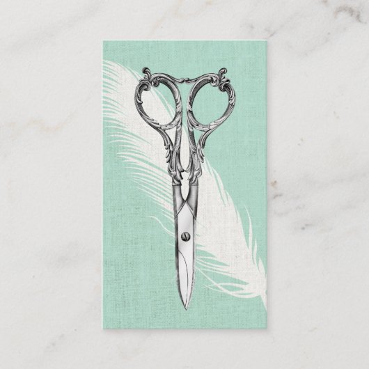 Hair Stylist Scissor & Feather Classy Linen Modern Visitekaartje (Voorkant)