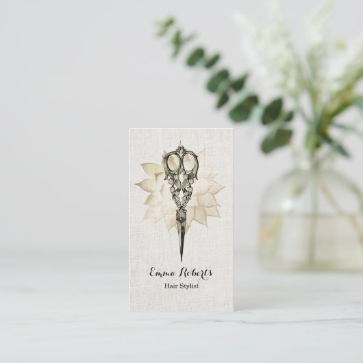 Hair Stylist  Scissor Floral Classy Linen Visitekaartje (Staand voorkant)