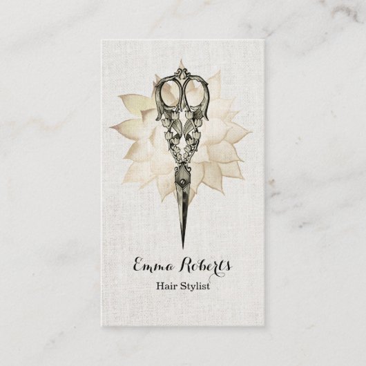 Hair Stylist  Scissor Floral Classy Linen Visitekaartje (Voorkant)