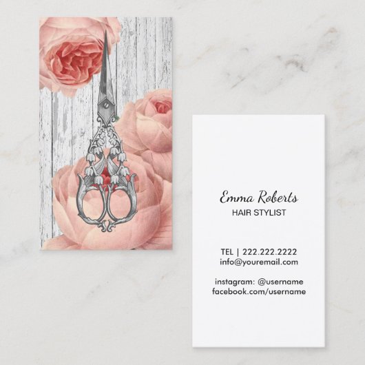 Hair Stylist  Scissor & Floral Rustic Visitekaartje (Voorkant / Achterkant)