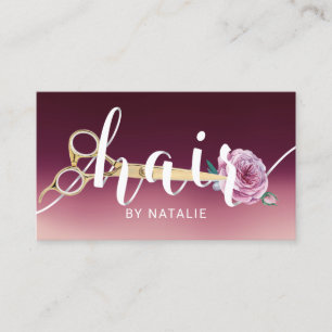 Hair Stylist Scissor & Flower Typography Burgundy Visitekaartje