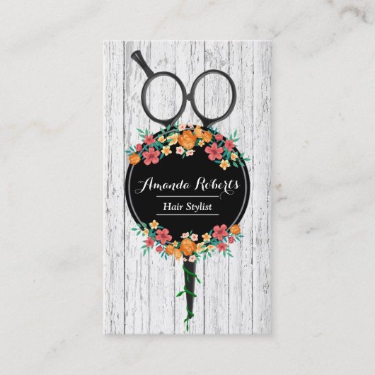 Hair Stylist Scissor & Flowers Rustic Appointment Afsprakenkaartje (Voorkant)
