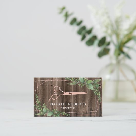 Hair Stylist Scissor Geometric Greenery Wood Visitekaartje (Staand voorkant)