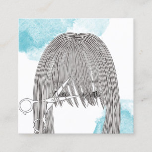 Hair Stylist Scissor & Girl Drawing Waterverf Vierkante Visitekaartje