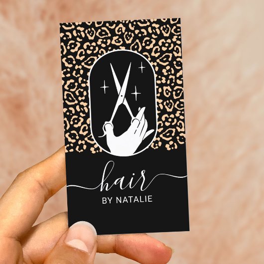 Hair Stylist Scissor & Hand Logo Leopard Salon Visitekaartje