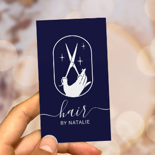 Hair Stylist Scissor & Hand Logo Navy Blue Salon Visitekaartje