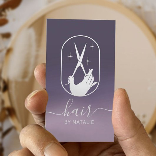Hair Stylist Scissor Hand Logo Paars Ombre Salon Visitekaartje