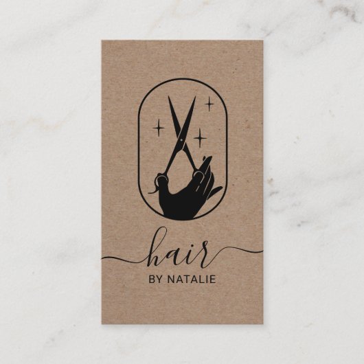 Hair Stylist Scissor Hand Logo Rustic Kraft Salon Visitekaartje (Voorkant)