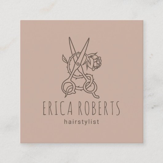 Hair Stylist Scissor & Roos Logo Beauty Salon Vierkante Visitekaartje (Voorkant)