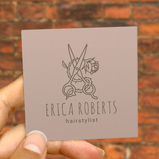 Hair Stylist Scissor & Roos Logo Beauty Salon Vierkante Visitekaartje