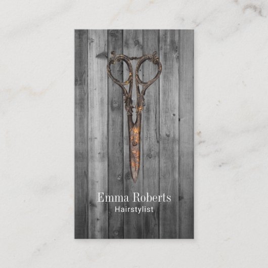 Hair Stylist  Scissor Rustic Wood Visitekaartje (Voorkant)