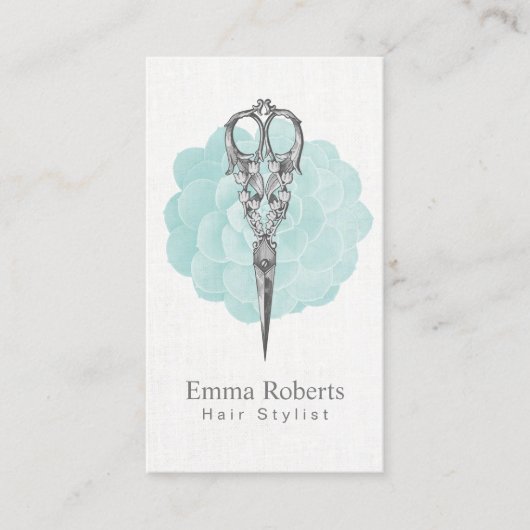 Hair Stylist Scissor Turquoise Floral Visitekaartje (Voorkant)