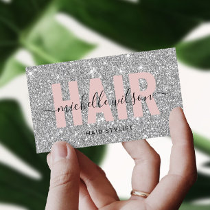 Hair Stylist Silver Glitter Pink Typography Salon Visitekaartje