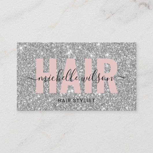 Hair Stylist Silver Glitter Pink Typography Salon Visitekaartje (Voorkant)