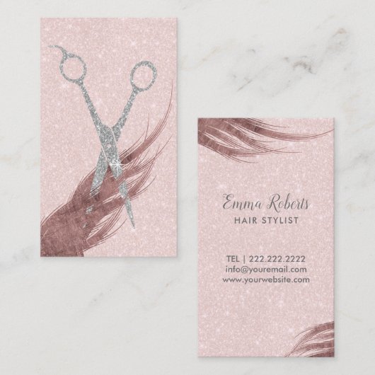 Hair Stylist Silver Glitter Scissor Blush Pink Visitekaartje (Voorkant / Achterkant)