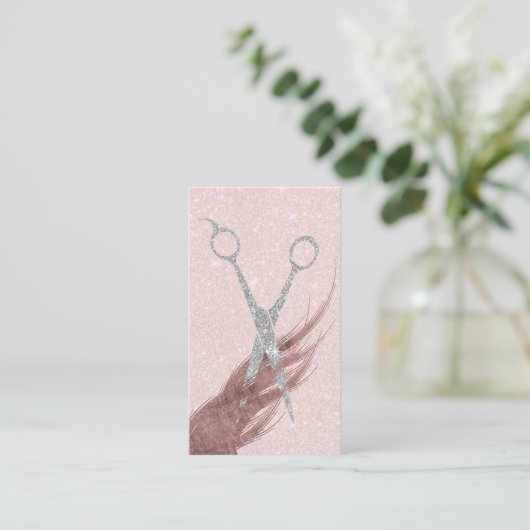 Hair Stylist Silver Glitter Scissor Blush Pink Visitekaartje (Staand voorkant)