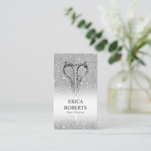Hair Stylist Silver Glitter Scissor & Roos Visitekaartje (Staand voorkant)