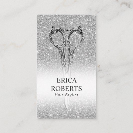 Hair Stylist Silver Glitter Scissor & Roos Visitekaartje (Voorkant)