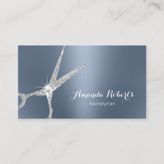 Hair Stylist Silver Scissor Dusty Blue Salon Visitekaartje (Voorkant)