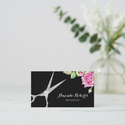 Hair Stylist Silver Scissor & Flower Elegant Salon Visitekaartje (Staand voorkant)