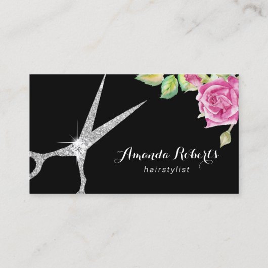 Hair Stylist Silver Scissor & Flower Elegant Salon Visitekaartje (Voorkant)