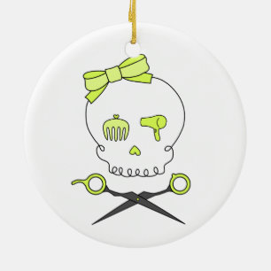 Hair Stylist Skull & Scissor Crossbones - Geel Keramisch Ornament