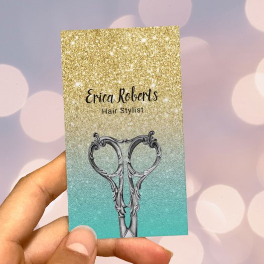 Hair Stylist Trendy Gold en Turquoise Glitter Visitekaartje