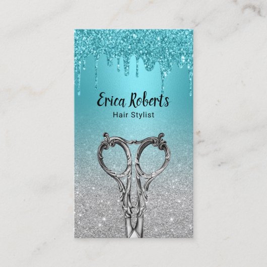 Hair Stylist Turquoise Drift Silver Glitter Salon Visitekaartje (Voorkant)