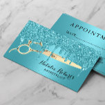 Hair Stylist Turquoise Drips Salon Appointment Afsprakenkaartje<br><div class="desc">Hair Stylist Gold Scissor Turquoise Glitter Drips Appointment Reminder Kaart.</div>