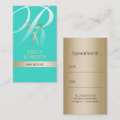 Hair Stylist Turquoise & Gold Monogram Appointment Afsprakenkaartje (Voorkant / Achterkant)
