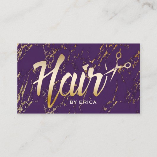 Hair Stylist Typografie Modern Gold Paarse marmer Visitekaartje (Voorkant)