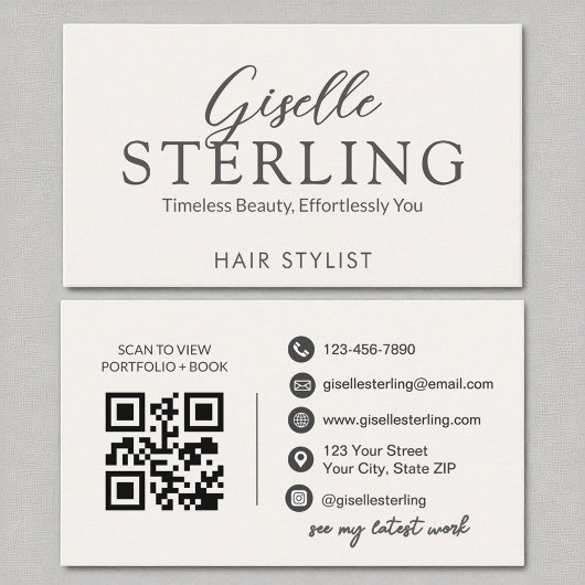 Hair Stylist White Script Moderne QR-code Visitekaartje