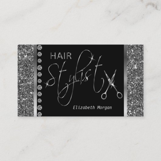 Hair Stylist - Zilver Glitter en Diamonds Visitekaartje (Voorkant)