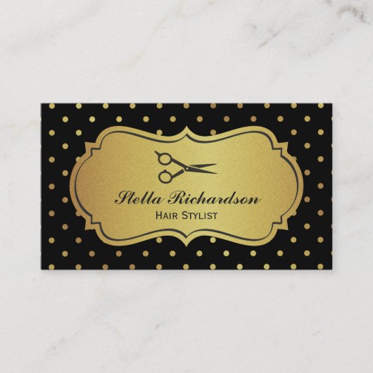 Hair Stylist - Zwart en Goud Glitter Polka Dots Visitekaartje (Voorkant)