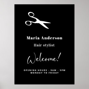 Hair stylist zwarte witte openingstijden welkom poster
