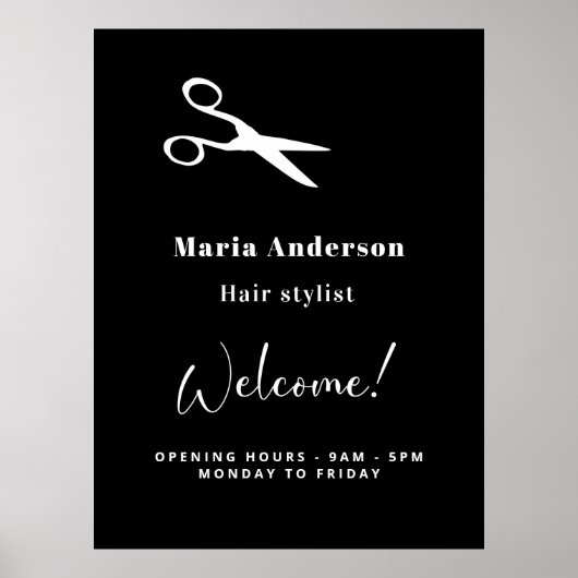 Hair stylist zwarte witte openingstijden welkom poster (Voorkant)