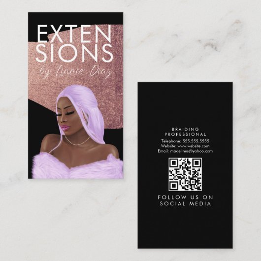 Hair Wig Extensions Braid Salon Script Roze Gold Visitekaartje (Voorkant / Achterkant)