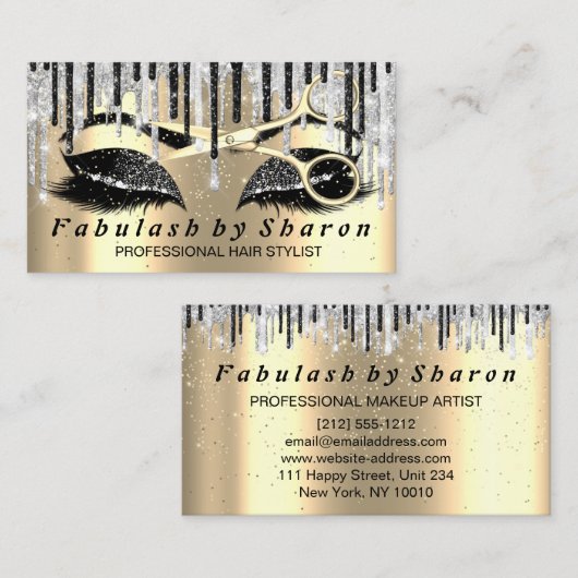 Hairdresser Makeup Eyelash Gold Scissors Grey Drip Visitekaartje (Voorkant / Achterkant)