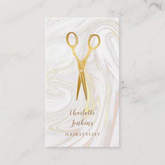 Hairdresser Marble Swirls Gold Scissors Visitekaartje (Voorkant)