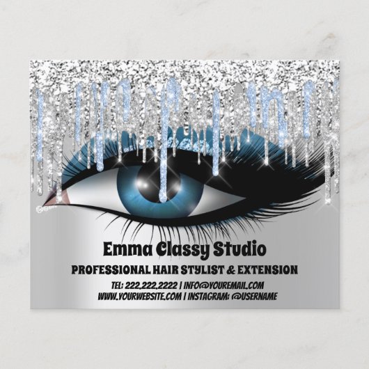 Hairdresser Nail Lashes Silver Blue Glitter Driver Flyer (Voorkant)