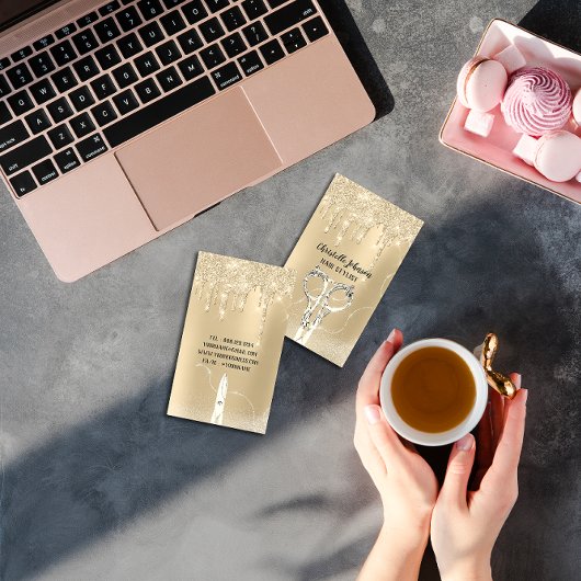 Hairdresser Sepia Gold Drip Glitter Scissors Visitekaartje