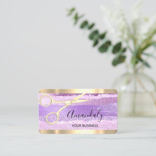 Hairdresser Stylist Coiffeur Scissors Gold Paars Visitekaartje (Staand voorkant)